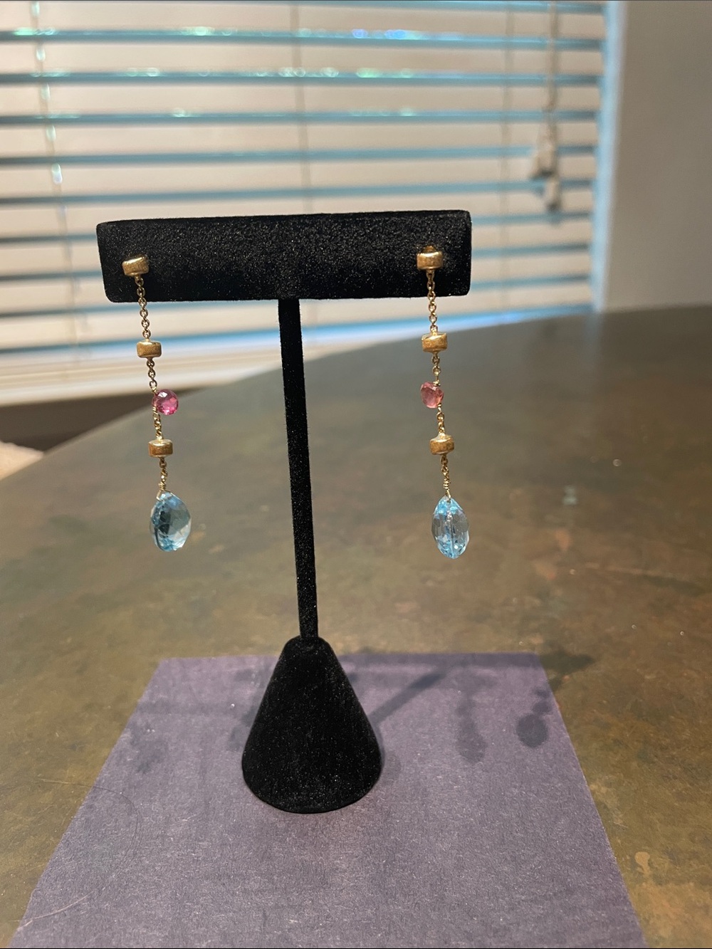 Marco Bicego Gold Drop Earrings with Blue Teardrops and Pink Accents
